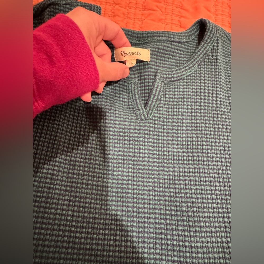 Madewell short-sleeve waffle-knit t-shirt - dark teal/green and navy color-Large - Picture 5 of 9